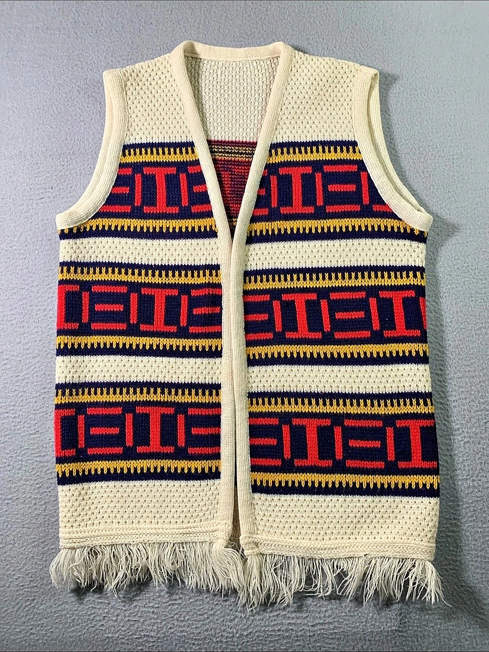 Geometric Fringe Knit Vest in Cream & Red